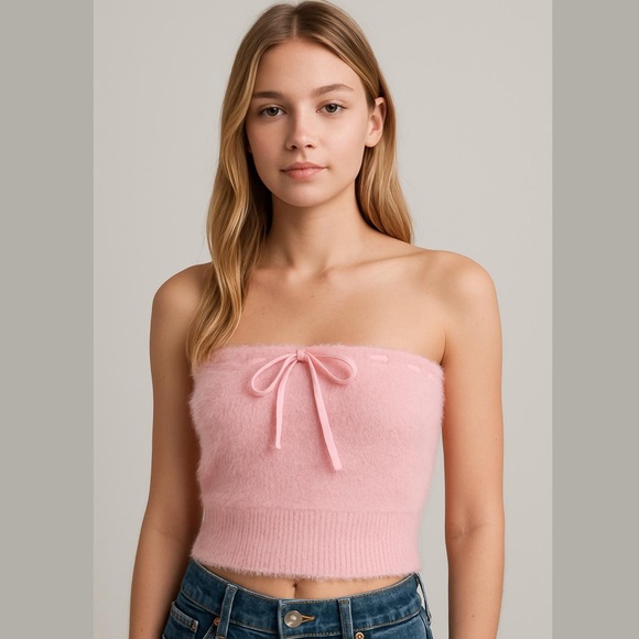All in Favor Tops - All in Flavor • Women’s Pink Strapless Fuzzy Tie Front Top M NWT